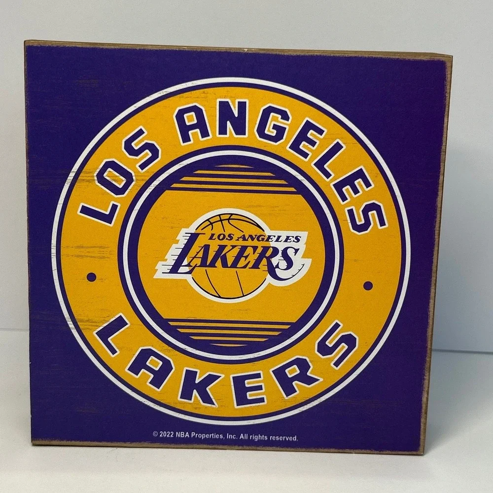 Los Angeles Lakers NBA Wooden Block Sign Purple Gold Distressed Wall Decor 6x6